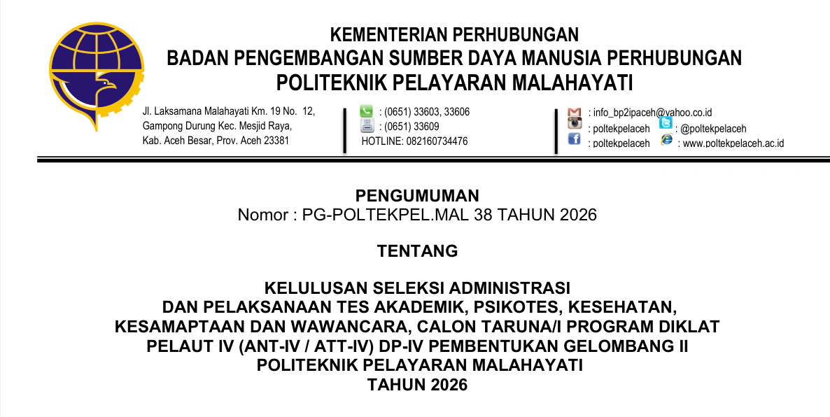 KELULUSAN SELEKSI ADMINISTRASI DAN PELAKSANAAN TES AKADEMIK, PSIKOTES, KESEHATAN, KESAMAPTAAN DAN WAWANCARA, CALON TARUNA/I PROGRAM DIKLAT PELAUT IV (ANT-IV / ATT-IV) DP-IV PEMBENTUKAN GELOMBANG II POLITEKNIK PELAYARAN MALAHAYATI TAHUN 2026